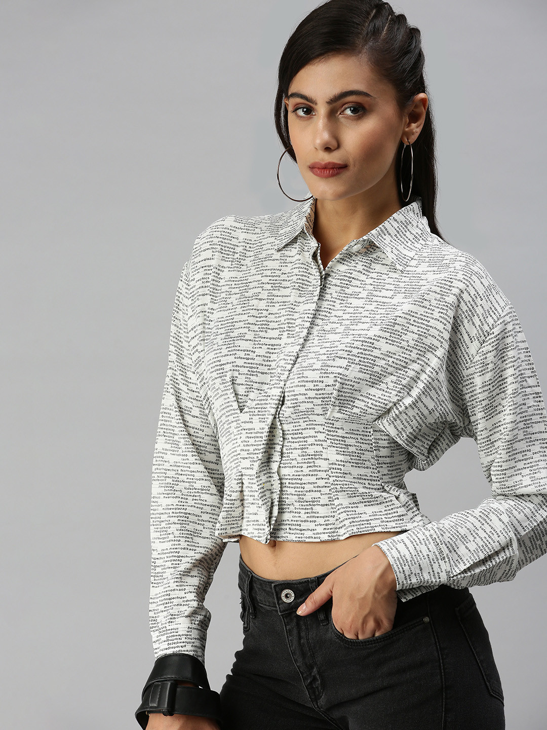 SHOWOFF White Extended Sleeves Shirt Style Crop Top