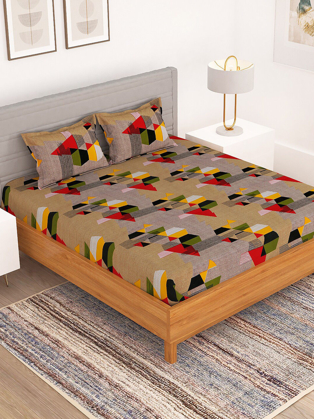 Bedspun Coffee Brown Geometric Polyester 150 TC Queen Bedsheet with 2 Pillow Covers-87 x 89 inches