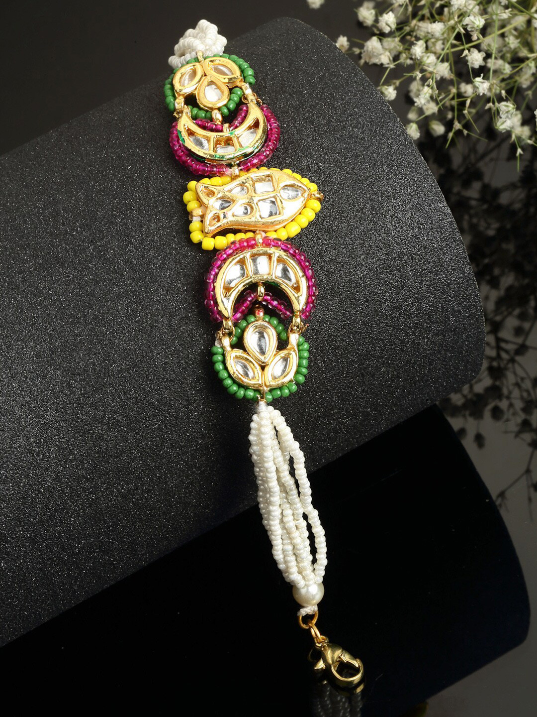 DUGRISTYLE Women Gold-Toned & Yellow Sterling Silver Kundan Handcrafted Gold-Plated Multistrand Bracelet
