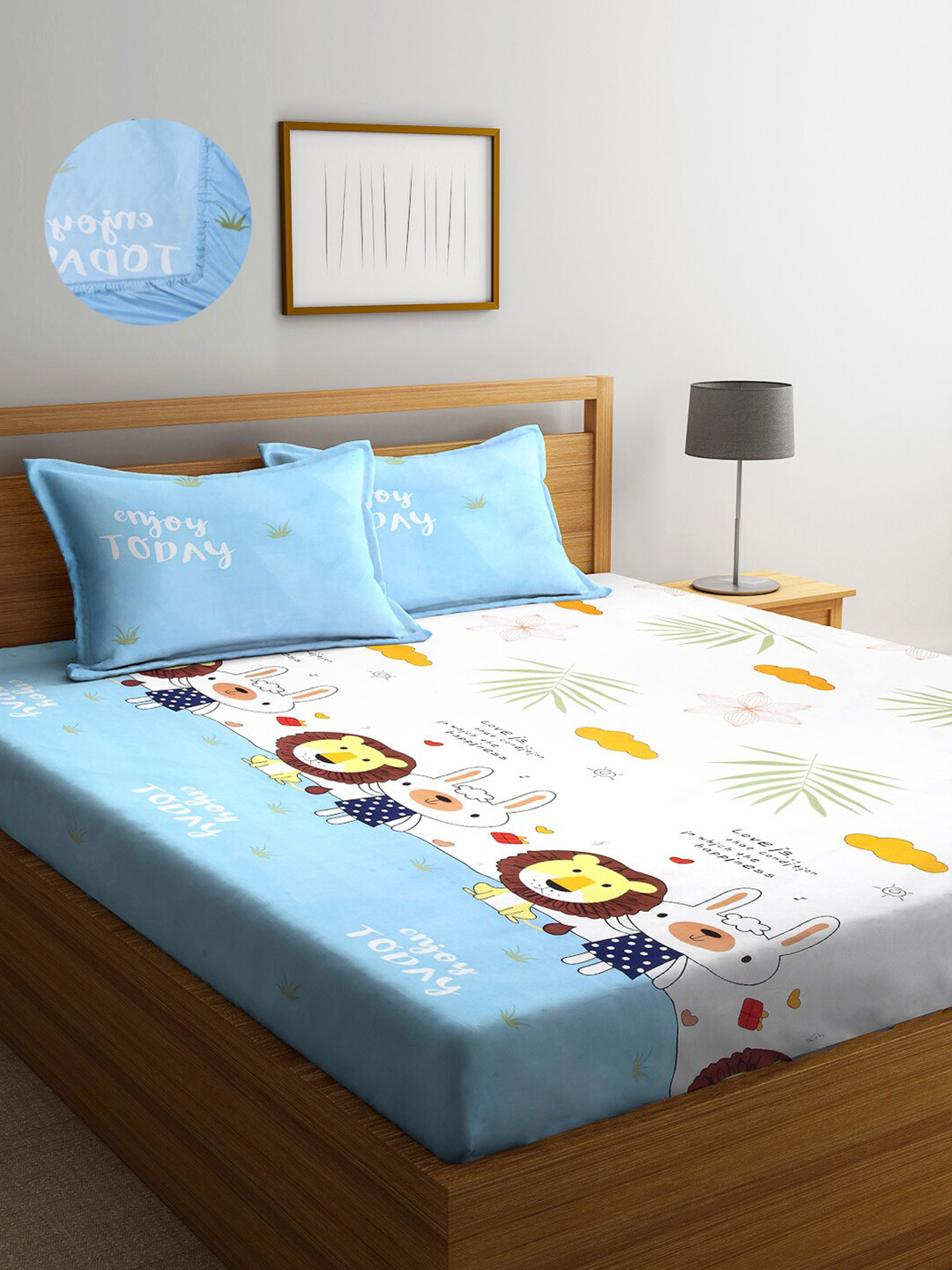 Arrabi Blue Cartoon Characters Cotton 300 TC Fitted King Fine Bedsheet with 2 Pillow Covers-98 x 85 inches