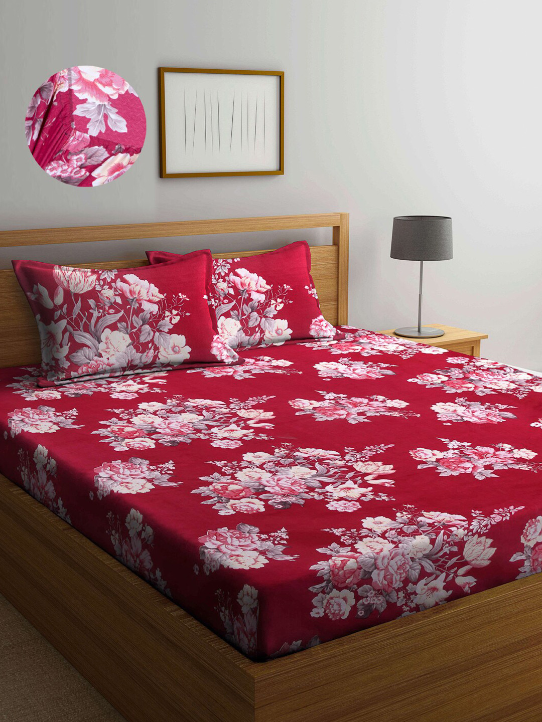 Arrabi Red Floral Cotton 300 TC Fitted King Fine Bedsheet with 2 Pillow Covers-182 x 198 cm