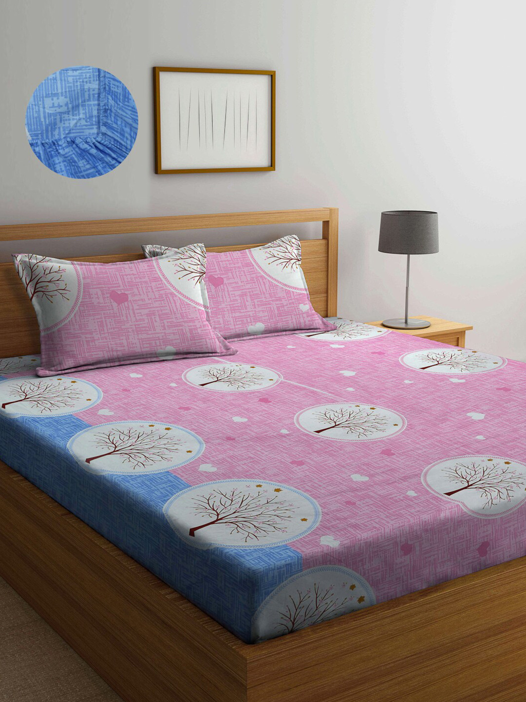 Arrabi Pink Graphic Polycotton 300 TC Fitted King Fine Bedsheet with 2 Pillow Covers-98 x 87 inches