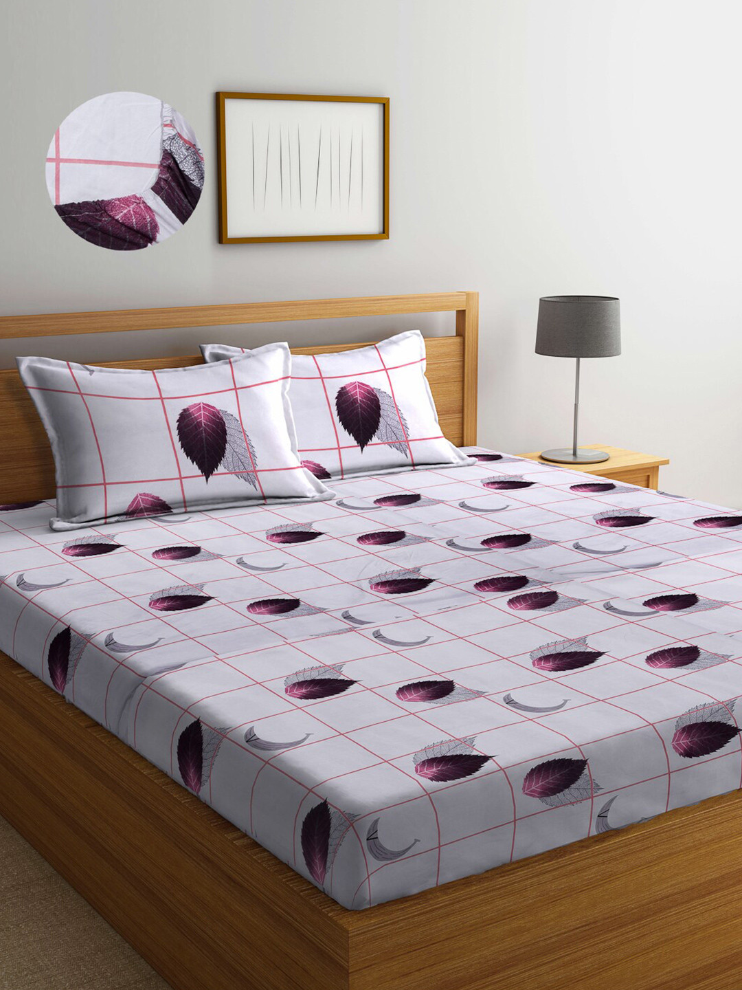 Arrabi Mansion Grey Leaf Cotton 300 TC Fitted King Fine Bedsheet with 2 Pillow Covers-260 x 260cm