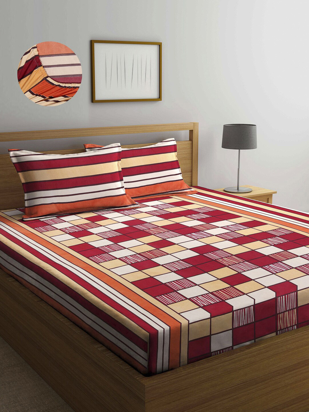 Arrabi Olive Geometric Cotton 300 TC Fitted King Fine Bedsheet with 2 Pillow Covers-250 x 225 cm