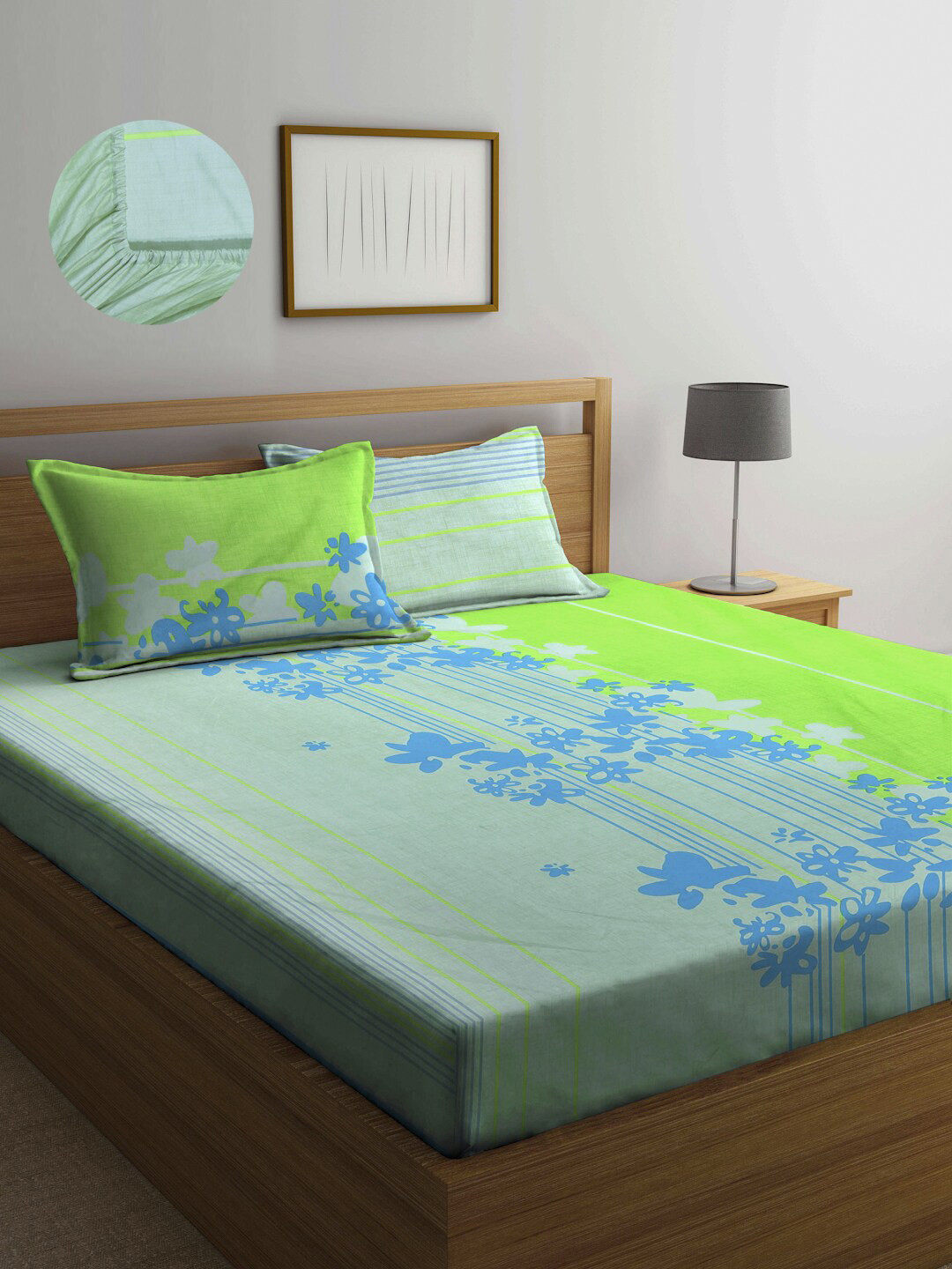 Arrabi Book Fold Green Floral Cotton 300 TC Fitted King Fine Bedsheet with 2 Pillow Covers-106 x 102 inches