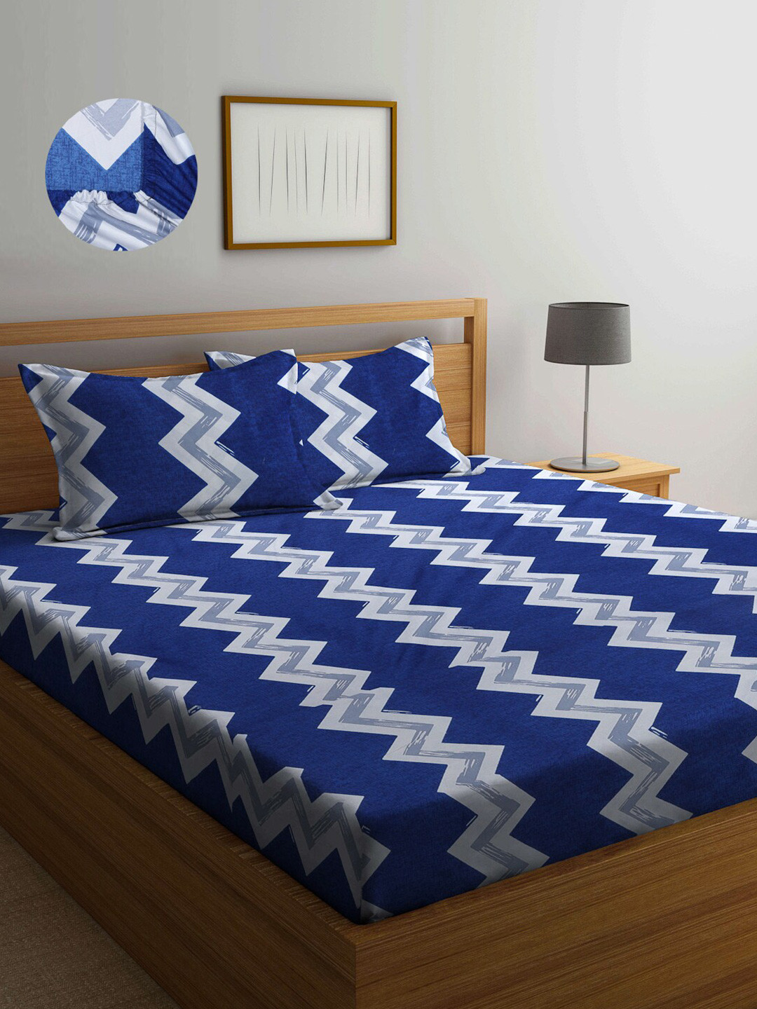 Arrabi Blue Chevron Polycotton 300 TC Fitted King Fine Bedsheet with 2 Pillow Covers-55 x 60 inches