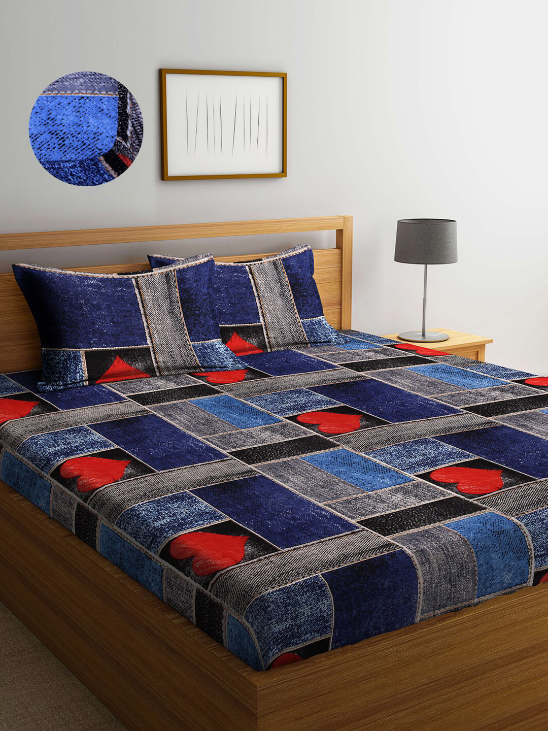 Arrabi Mughal Blue Geometric Cotton 300 TC Fitted King Fine Bedsheet with 2 Pillow Covers-250 x 220 cm
