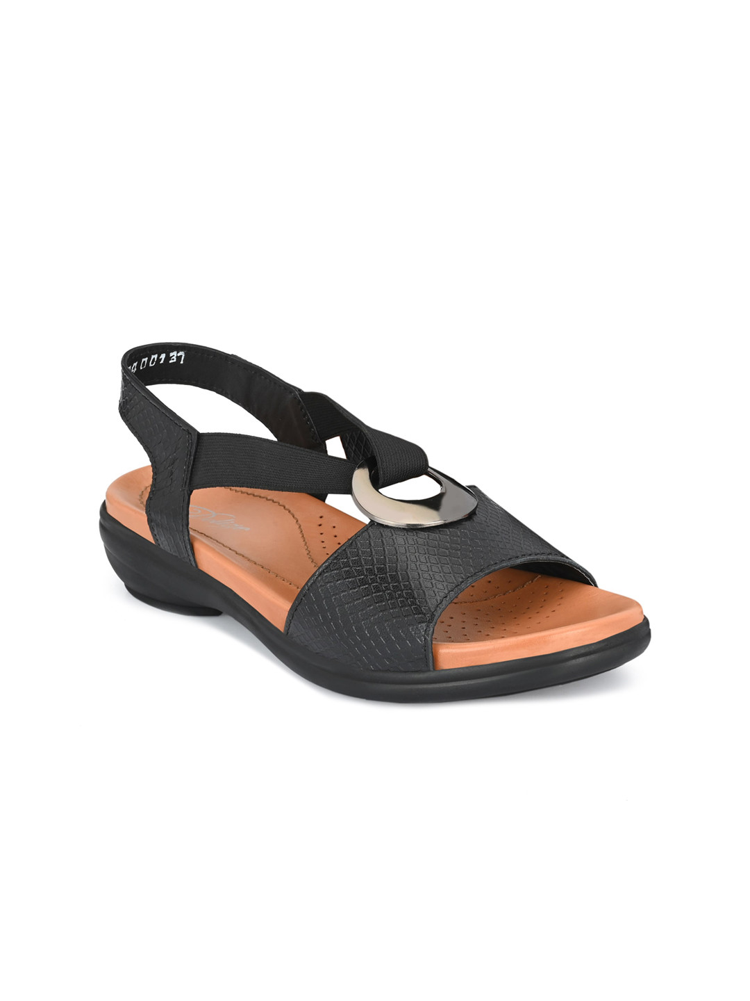 Delize Black Leather Party Comfort Sandals with Laser Cuts