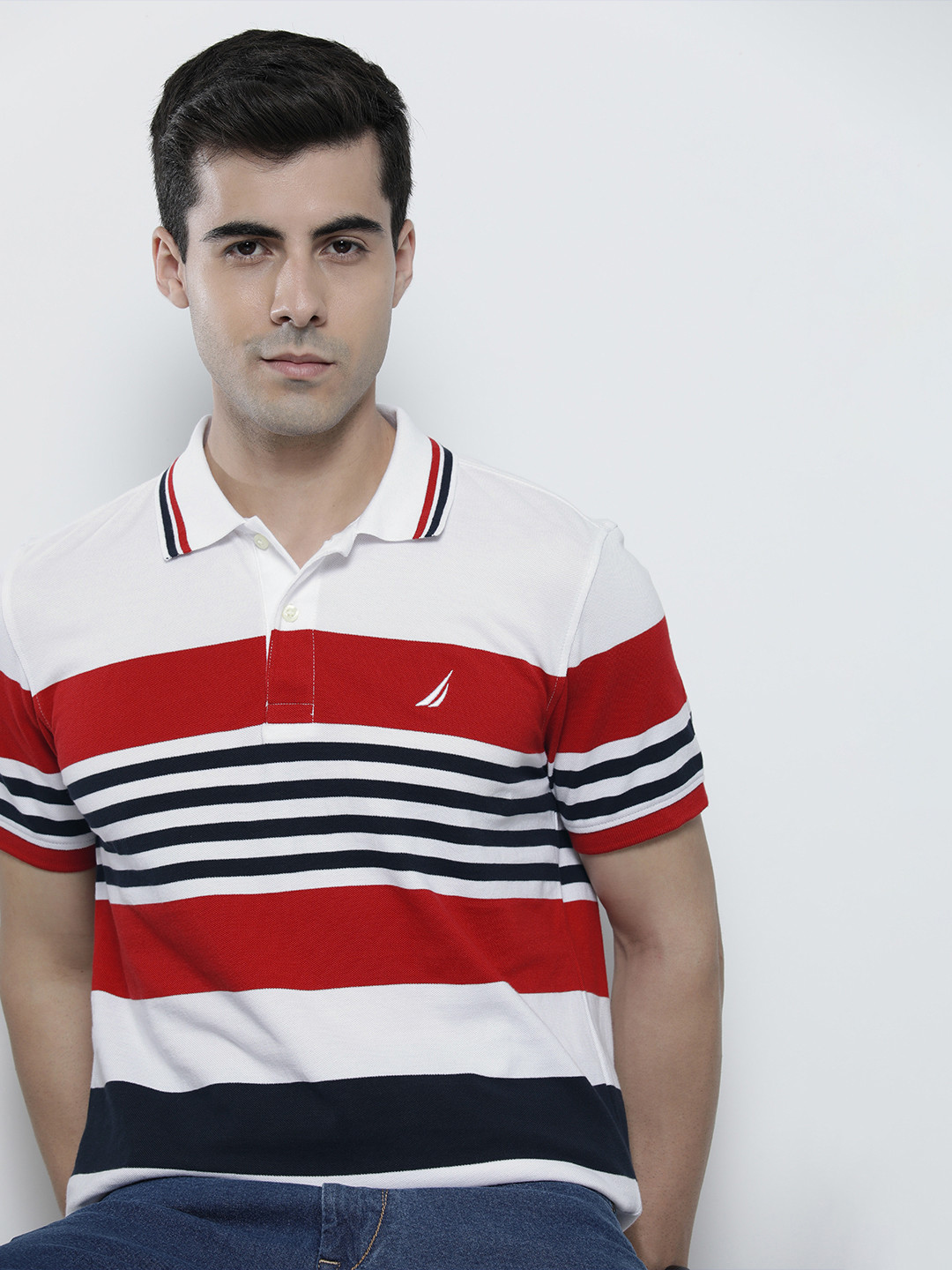Nautica Men White & Red Striped Pure Cotton Polo Collar T-shirt