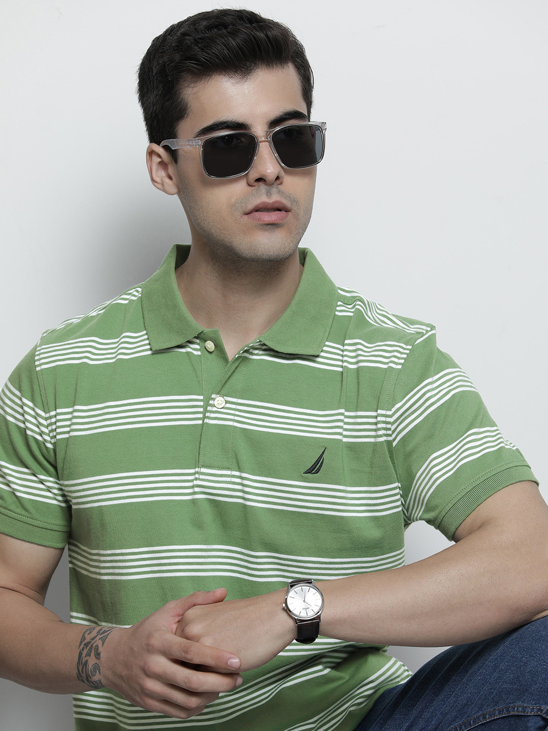 Nautica Men Green & White Striped Polo Collar Pure Cotton Casual T-shirt