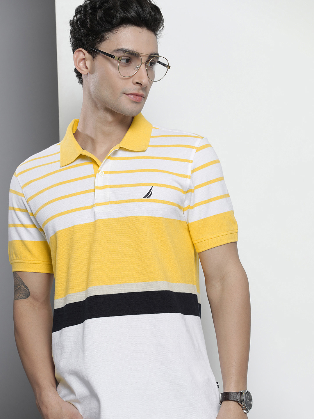 Nautica Men White & Yellow Colourblocked Polo Collar Pure Cotton T-shirt
