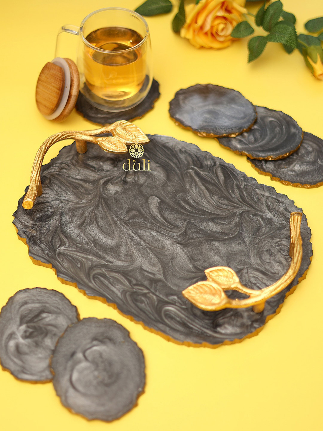 DULI Grey Resin Serving Tray Platter with 6 Pcs Oval Coasters