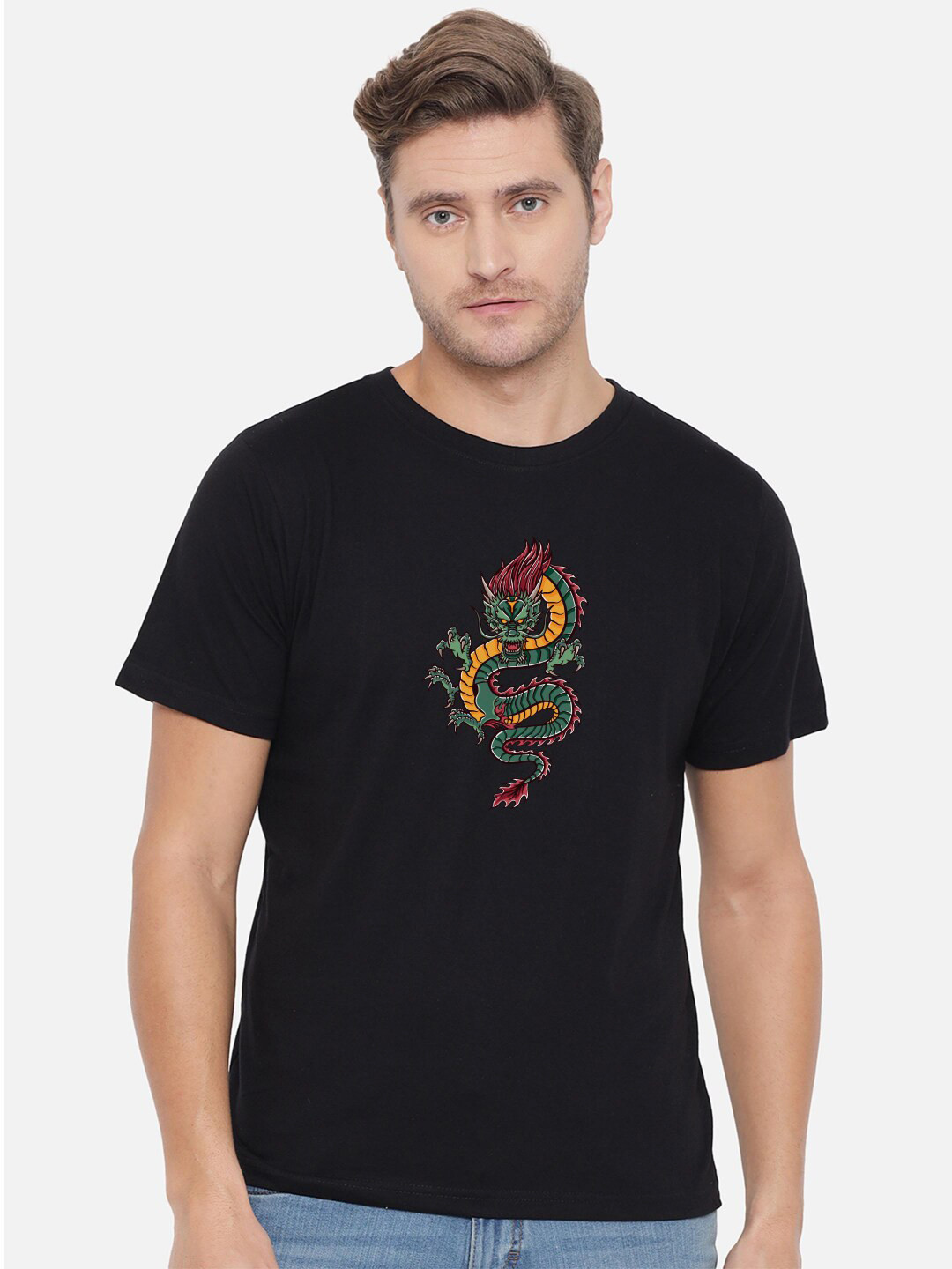 FFLIRTYGO Angry Dragon Extra Embroidered Graphic Cotton Round Neck Short Sleeves T-shirt