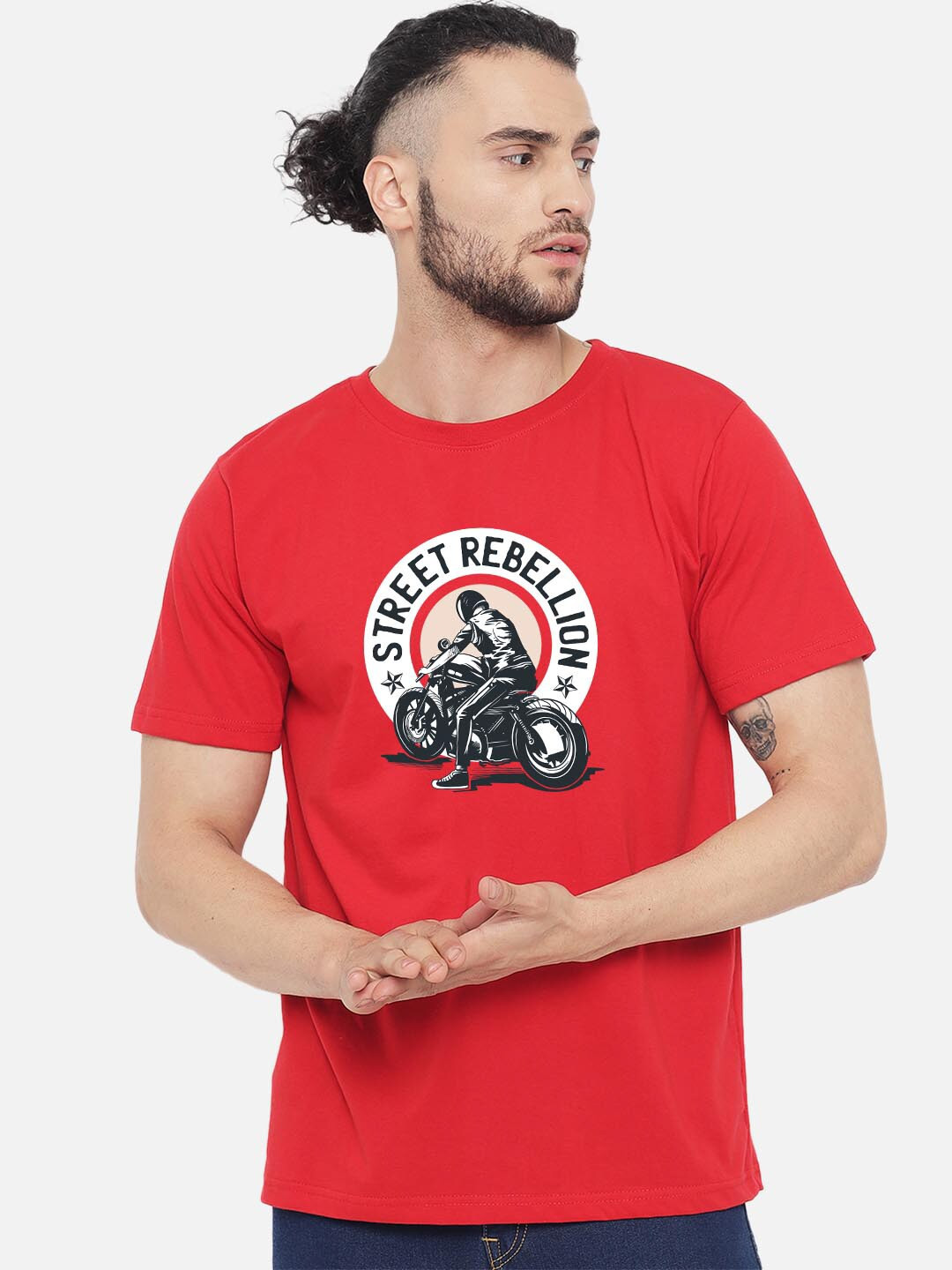 FFLIRTYGO Men Red Biker Printed Applique T-shirt