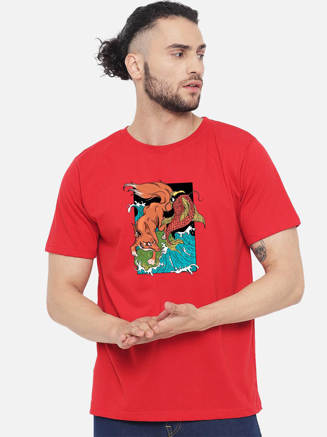 FFLIRTYGO Fox Fish Japanese Embroidered Graphic Cotton Round Neck Short Sleeves T-shirt