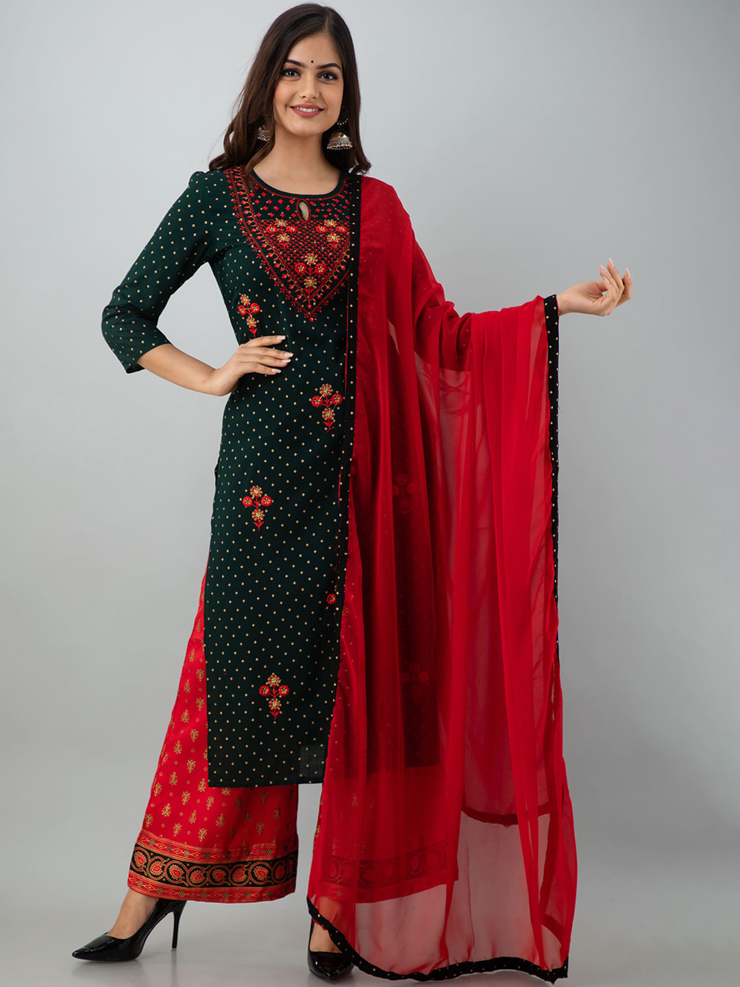 KIMAYRA Women Green Embroidered Panelled Kurti with Palazzos & With Dupatta