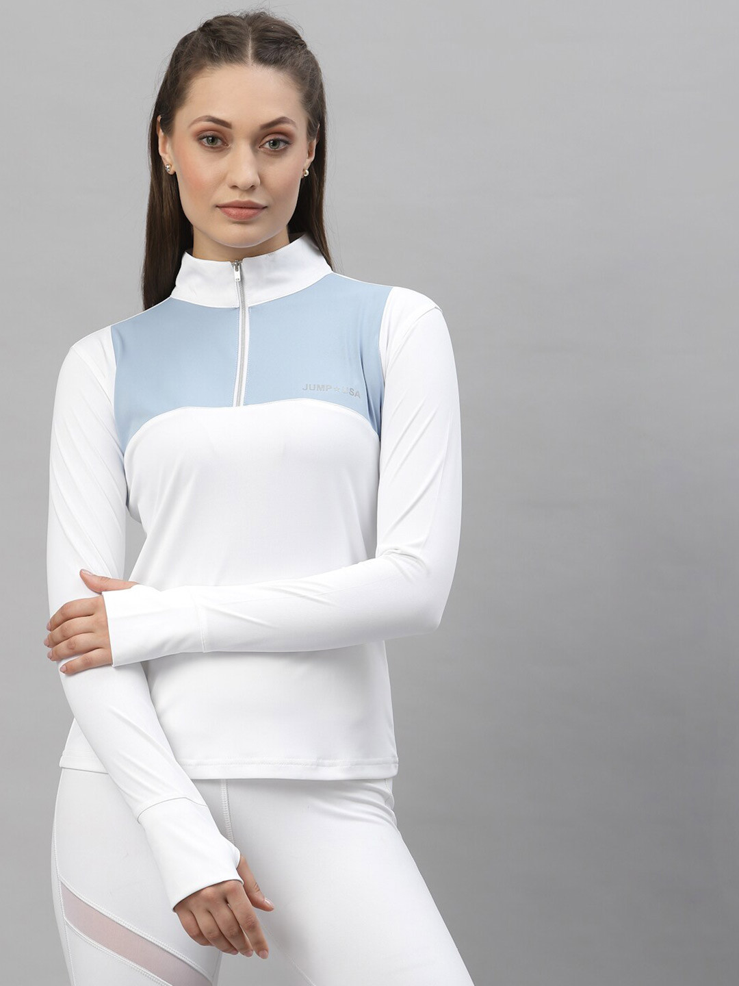 JUMP USA Women White Polo Collar Training or Gym T-shirt