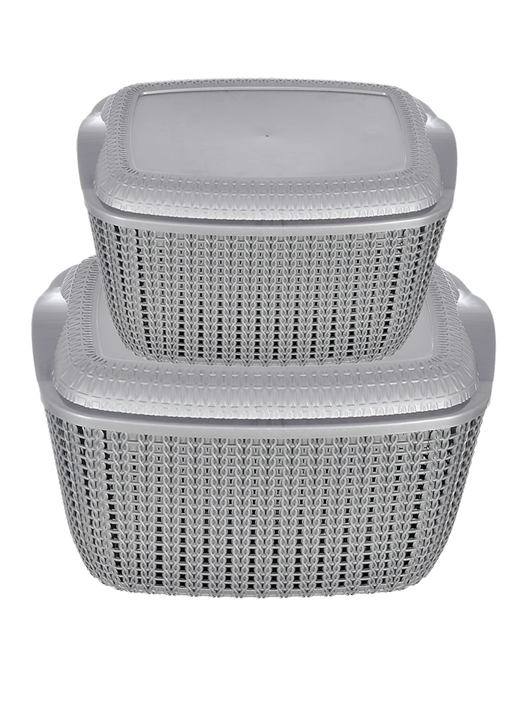 Kuber Industries Grey Set of 2 Plastic Basket With Lid