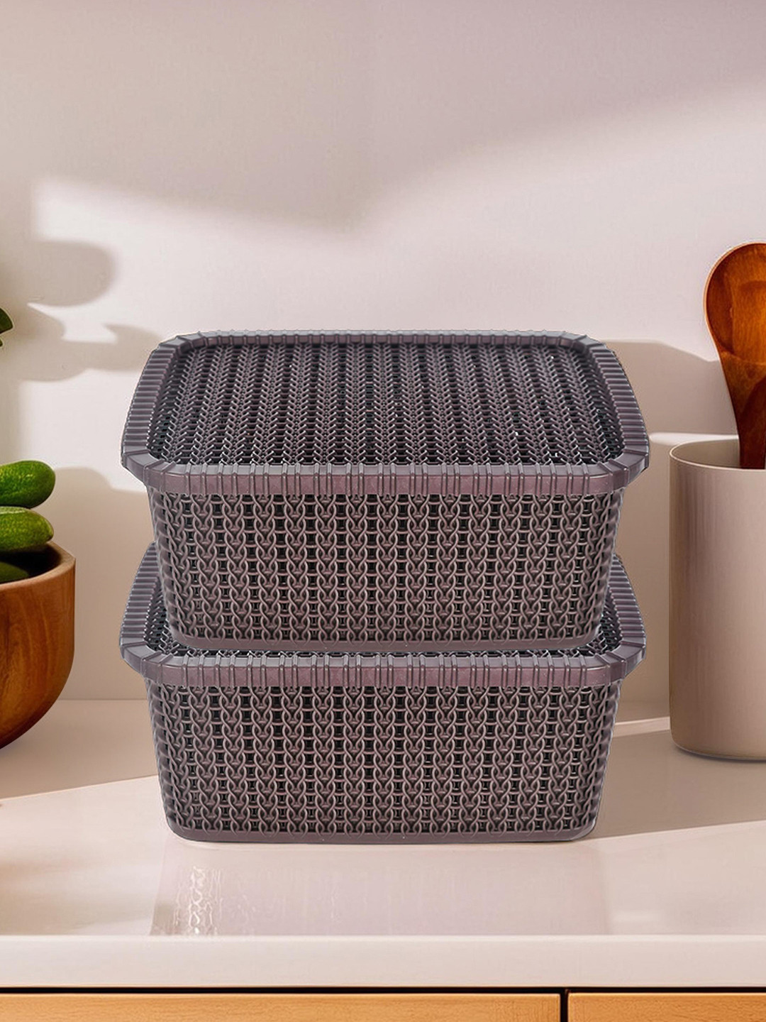 Kuber Industries Set Of 2 Brown Textured Multipurpose Basket Storage With Lids