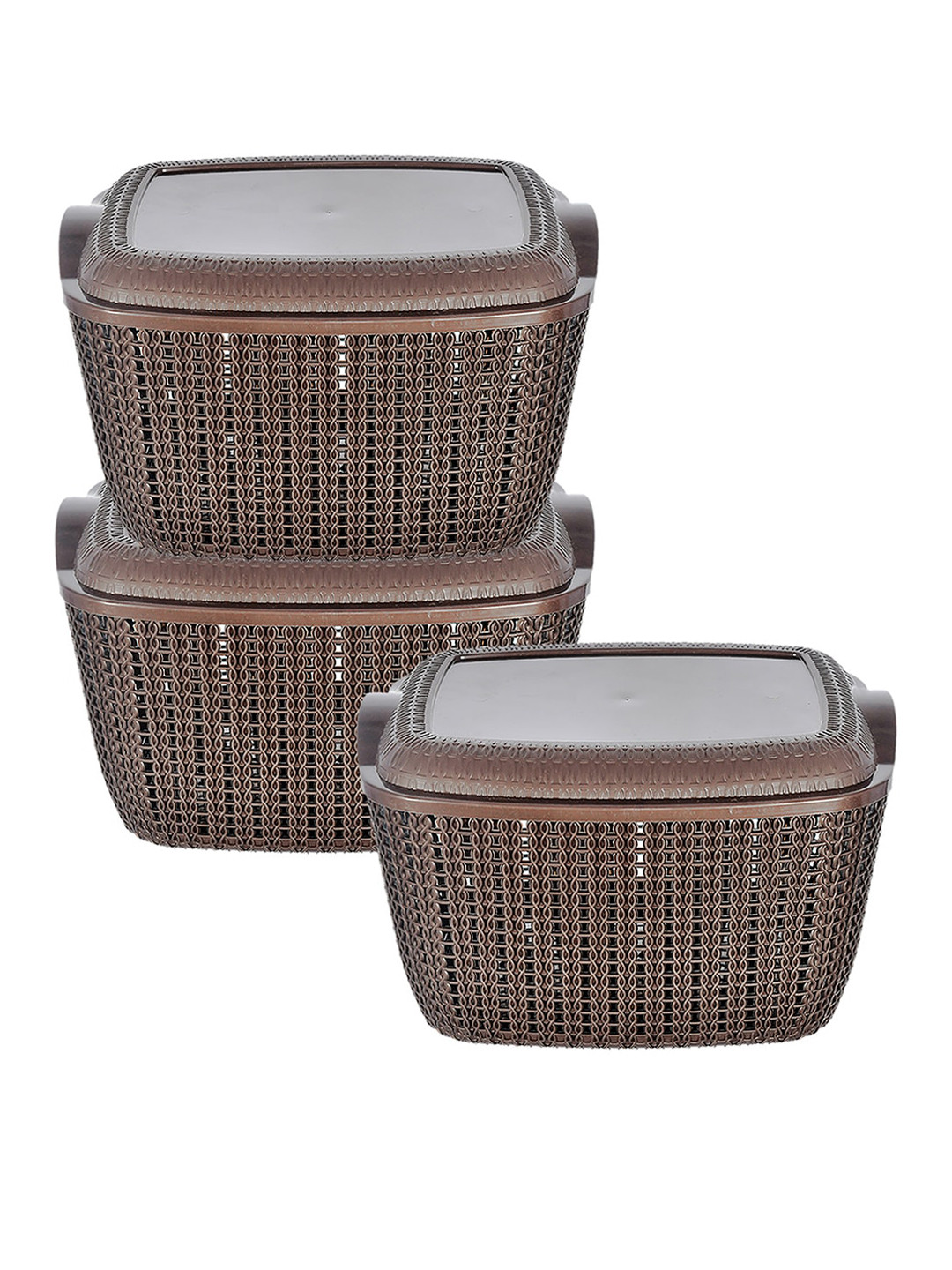 Kuber Industries Set Of 3 Brown Textured Plastic Baskets With Lids