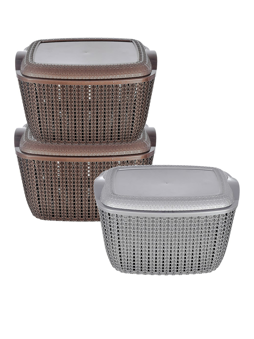 Kuber Industries Set Of 3 Grey & Brown Textured Multipurpose Basket With Lids