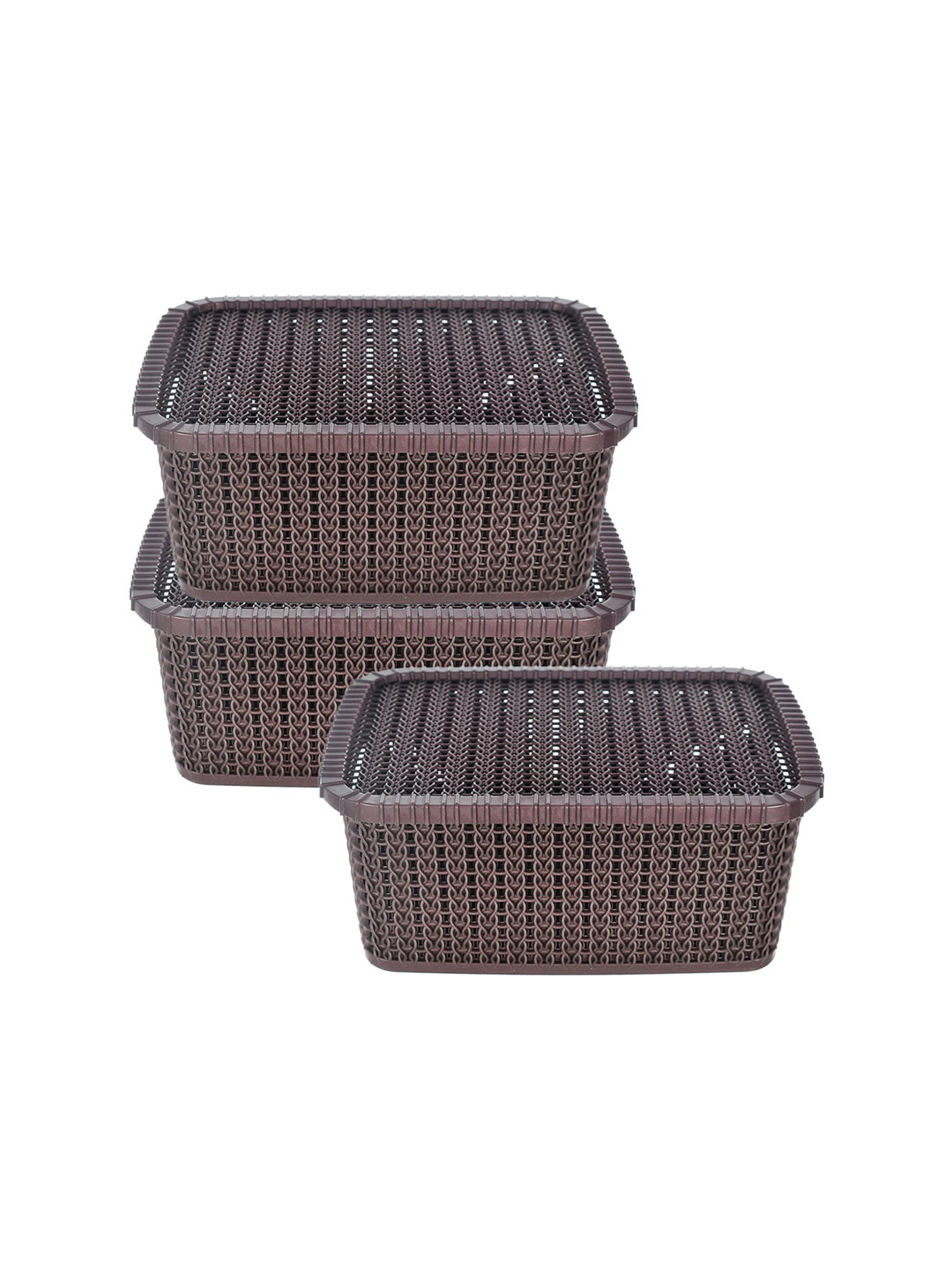Kuber Industries Set Of 3 Brown Textured Plastic Baskets With Lids
