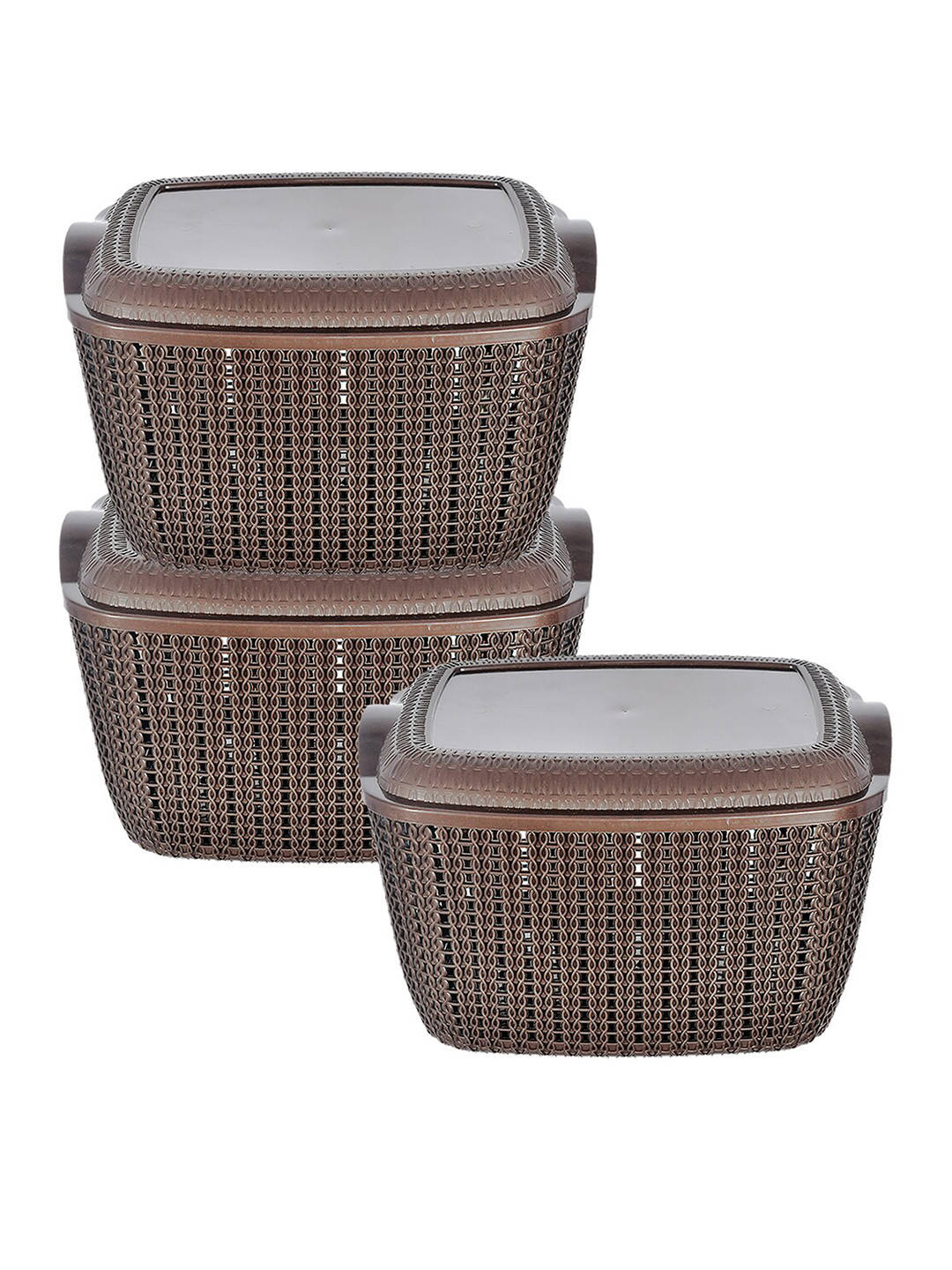 Kuber Industries Set Of 3 Brown Textured Multipurpose Plastic Basket With Lids