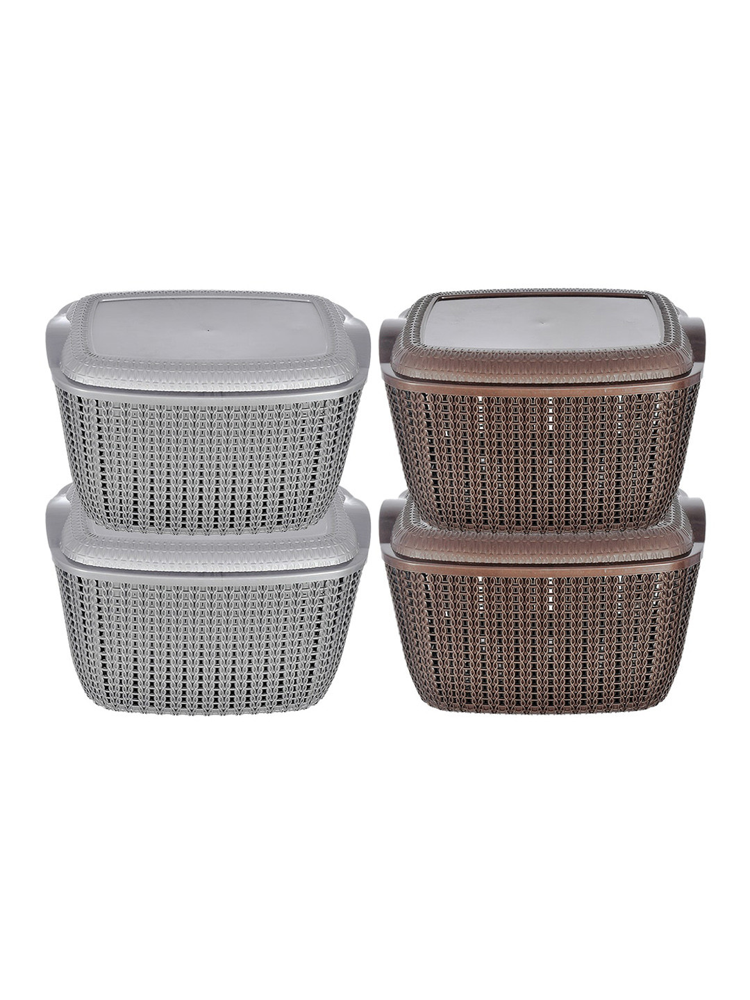 Kuber Industries Set Of 4 Grey Brown Textured Multipurpose Basket With Lids