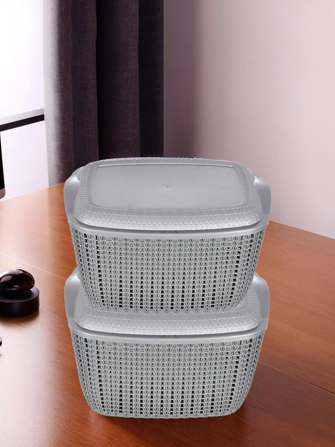 Kuber Industries Set Of 2 Grey Textured Fruit & Vegetable Basket