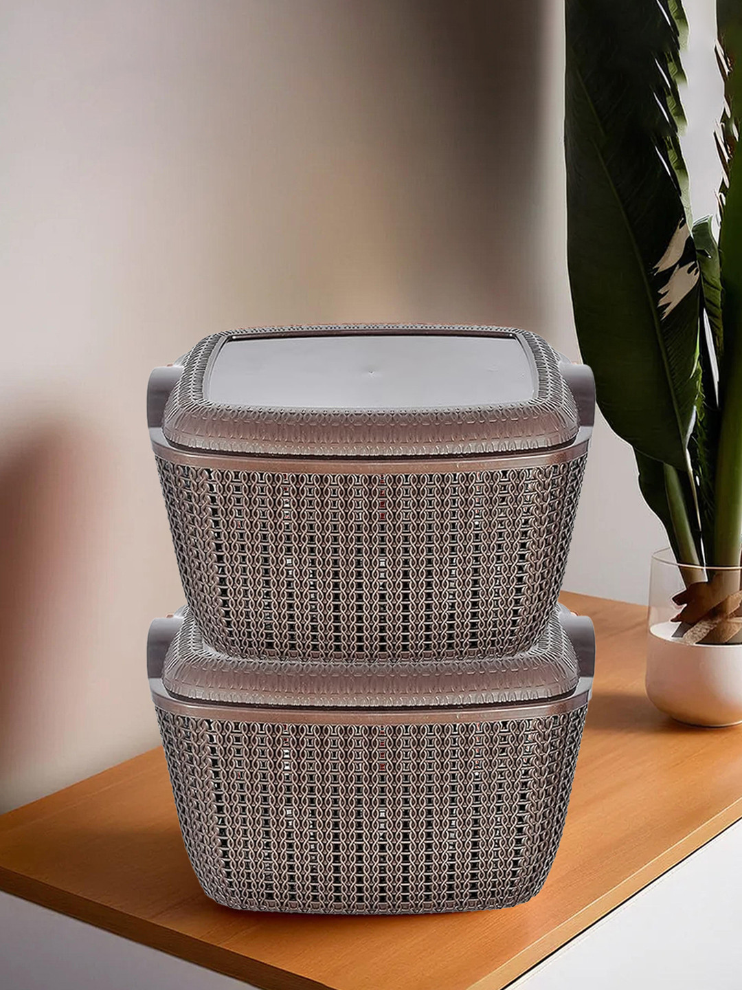 Kuber Industries Set Of 2 Brown Textured Fruit & Vegetable Basket