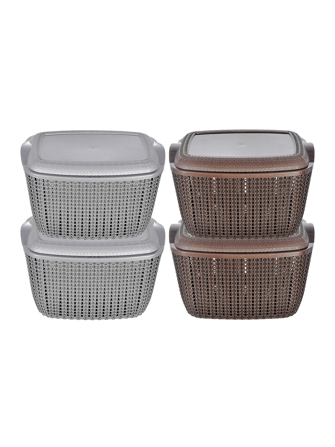 Kuber Industries Set Of 4 Grey & Brown Textured Multipurpose Plastic Basket With Lids