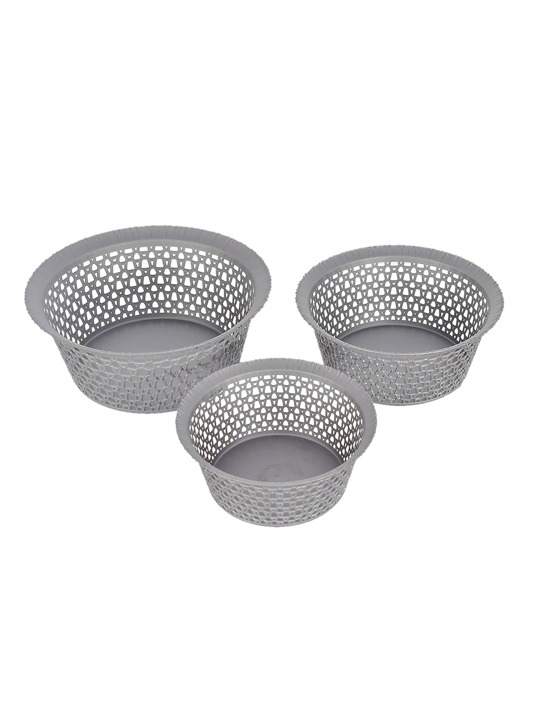 Kuber Industries Set Of 3 Grey Textured Round Plastic Basket