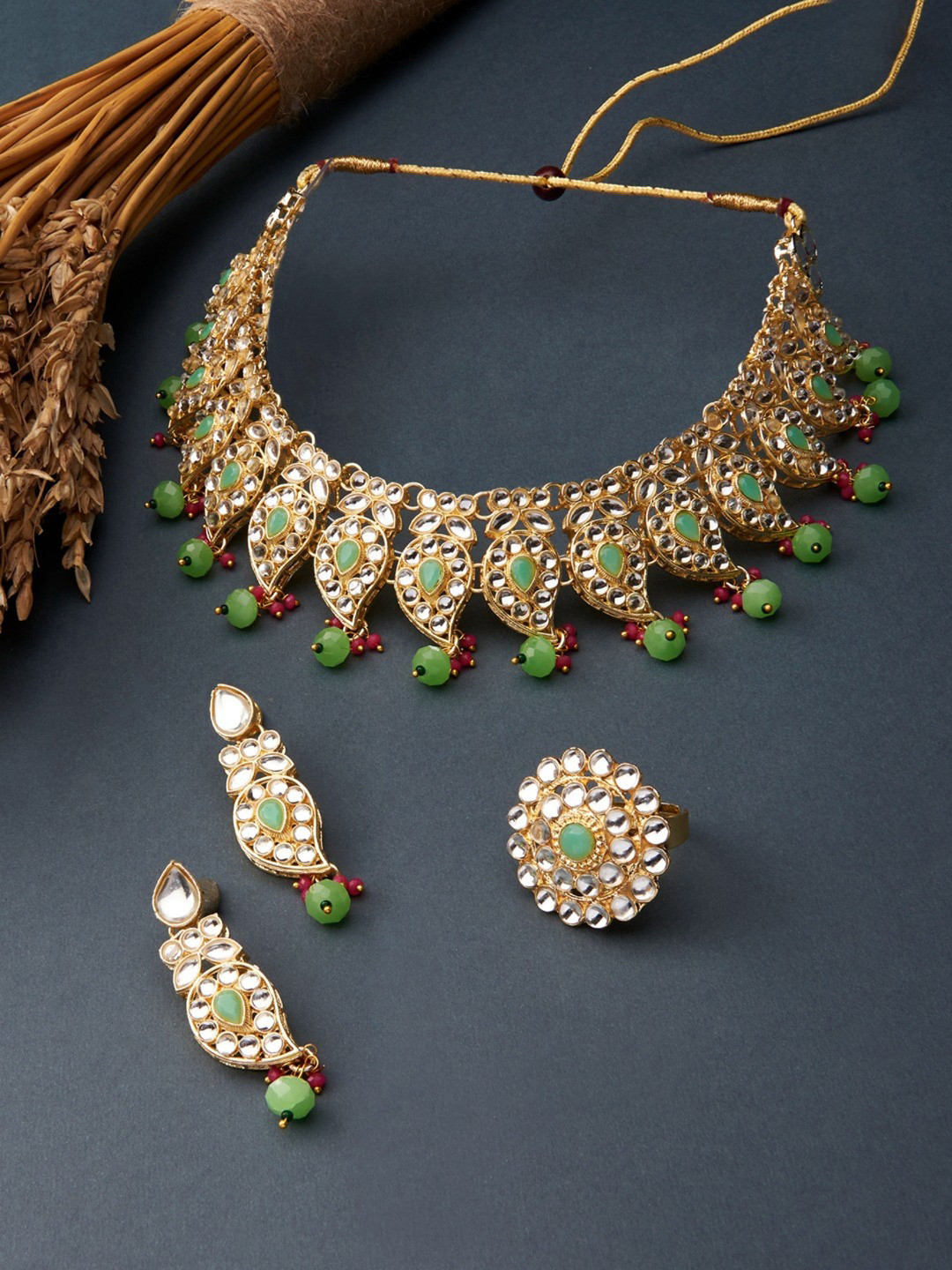 Zaveri Pearls Women Gold-Plated Green & Pink Kundan-Studded & Beaded Jewellery Set