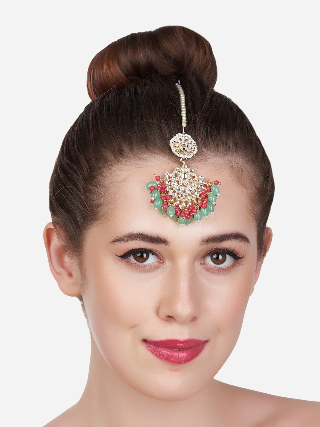 Zaveri Pearls Gold-Plated Cluster Beads Drop Bridal Kundan Maangtikka