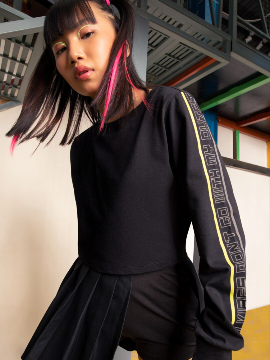 zink Z Women Black Typography V-Neck Extended Sleeves Applique T-shirt