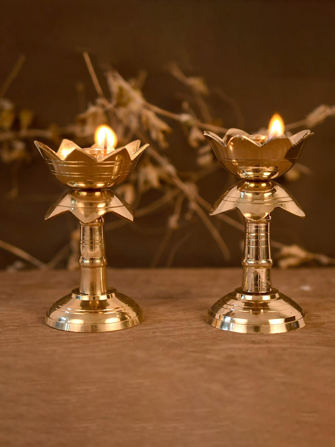 CraftVatika Diya with Lotus Shape Pillar Stand Gold Brass Metallic Prayer Room Set of 2 Small Showpieces - 3.8 Inches