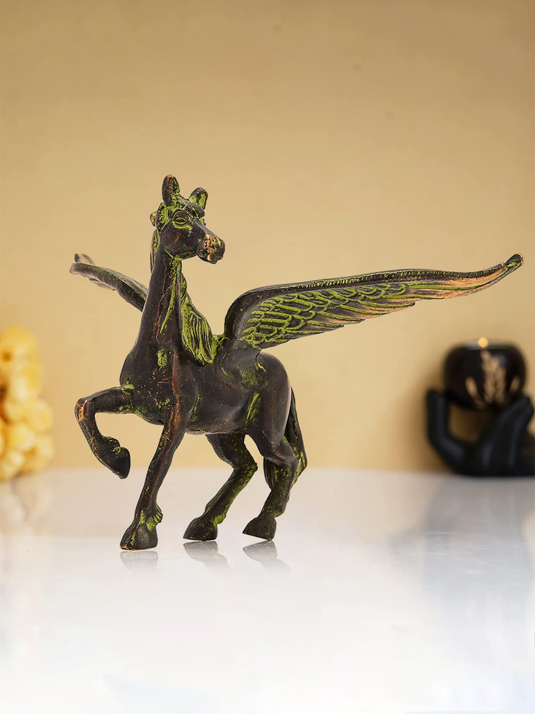 CraftVatika Flying Angel Horse Green Brass Metallic Living Room Medium Showpiece - 4 Inches