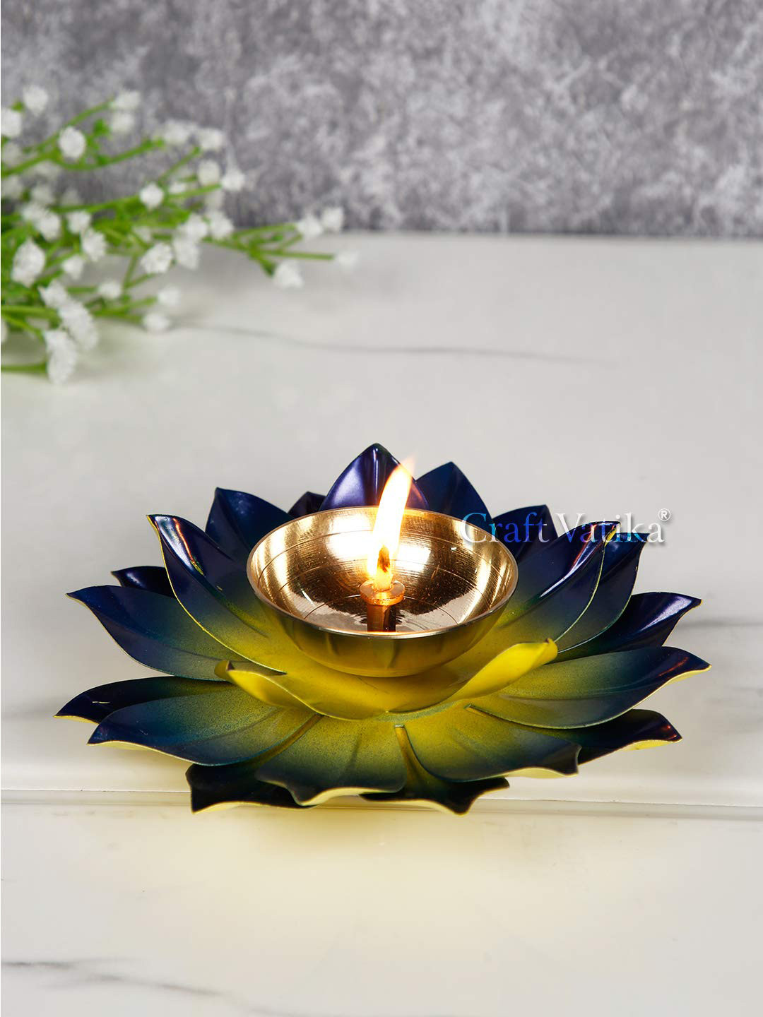 Craftvatika Blue Lotus Hand Painted Diya Metal
