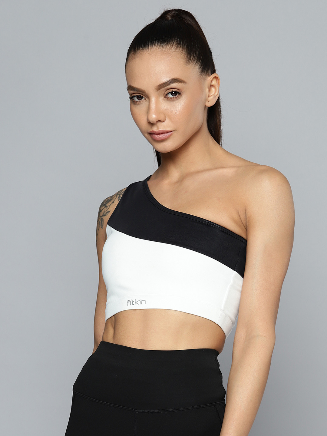 Fitkin Black & White One shoulder Colourblocked Bra B67-XS