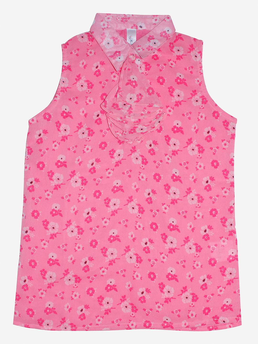 KiddoPanti Pink Print Mandarin Collar Georgette Top