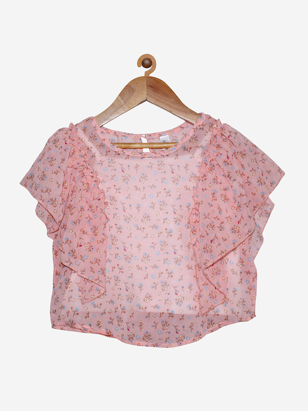 KiddoPanti Peach-Coloured Floral Georgette Top