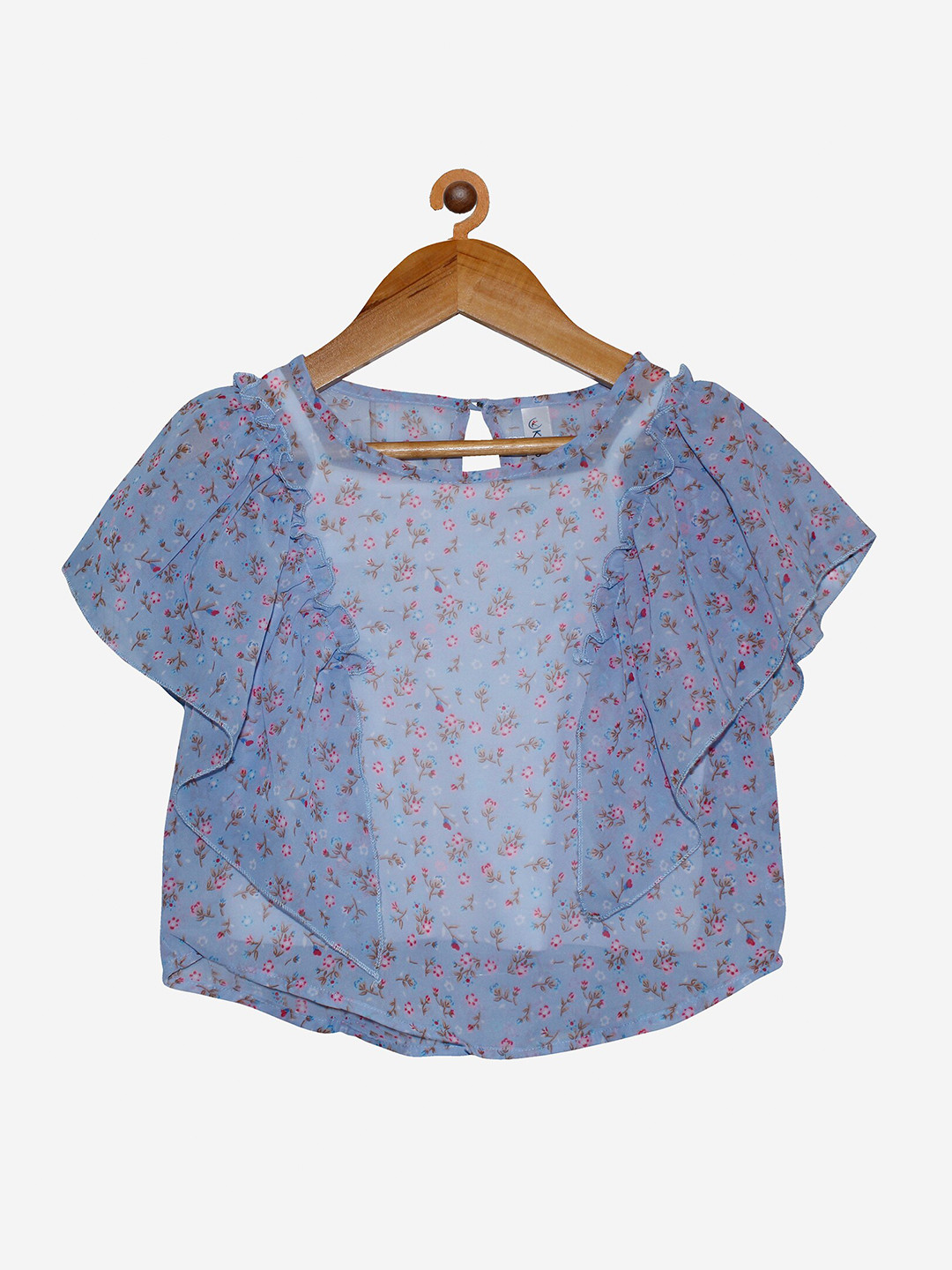 KiddoPanti Blue Floral Print Georgette Top