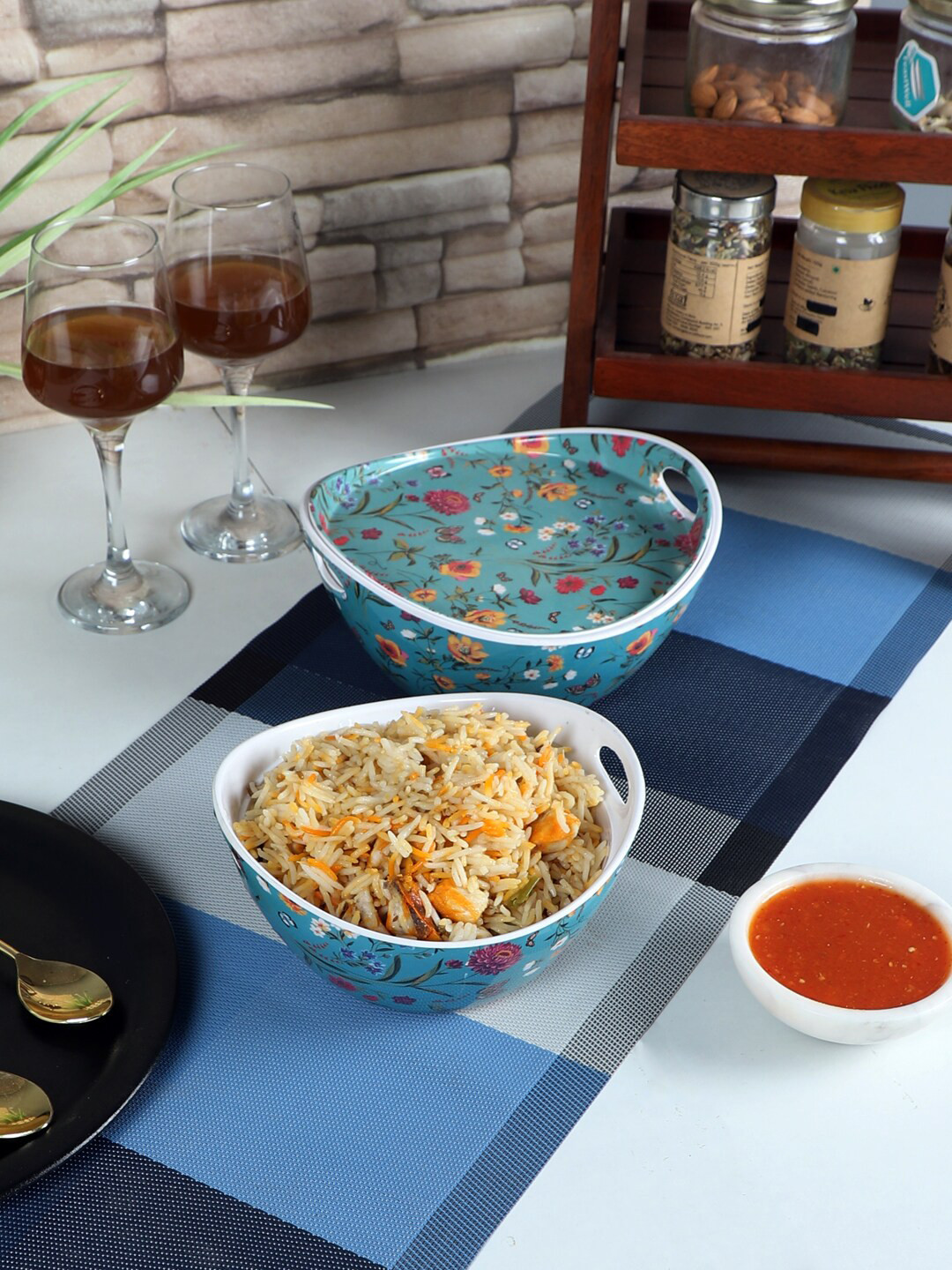 CDI Blue & Orange 3 Pieces Floral Printed Melamine Glossy Bowls