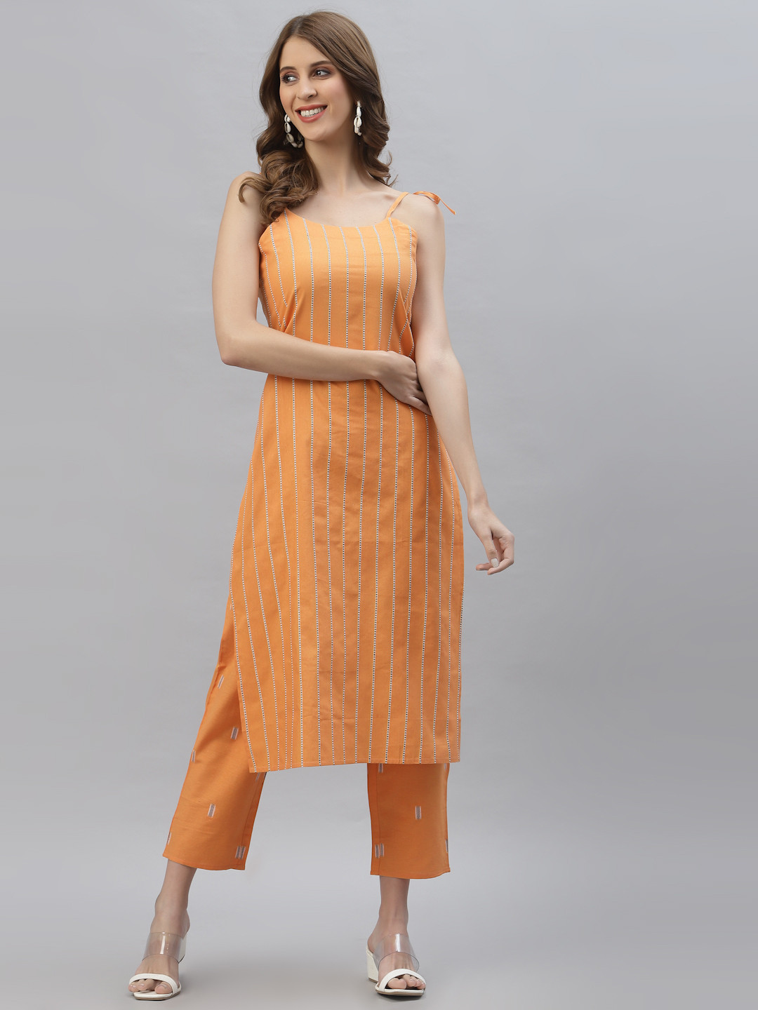 Stylum Women Orange Yoke Design Panelled Kurta with Trousers