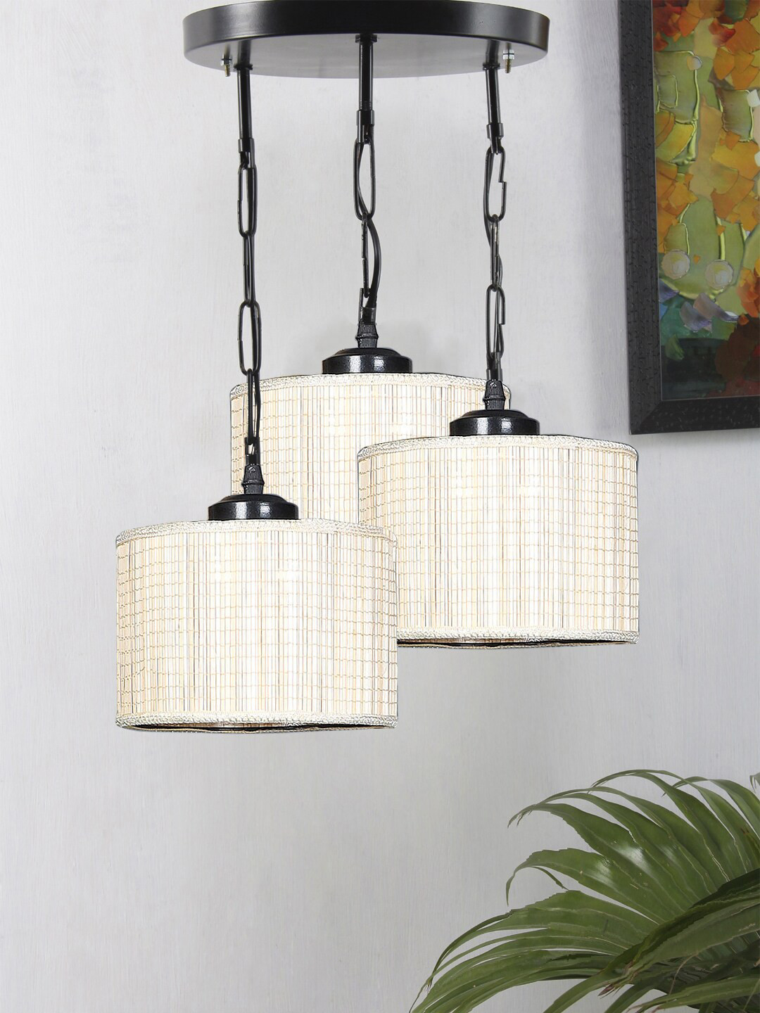 Devansh Beige Cylinder Drum Cluster Bamboo Ceiling Lamp
