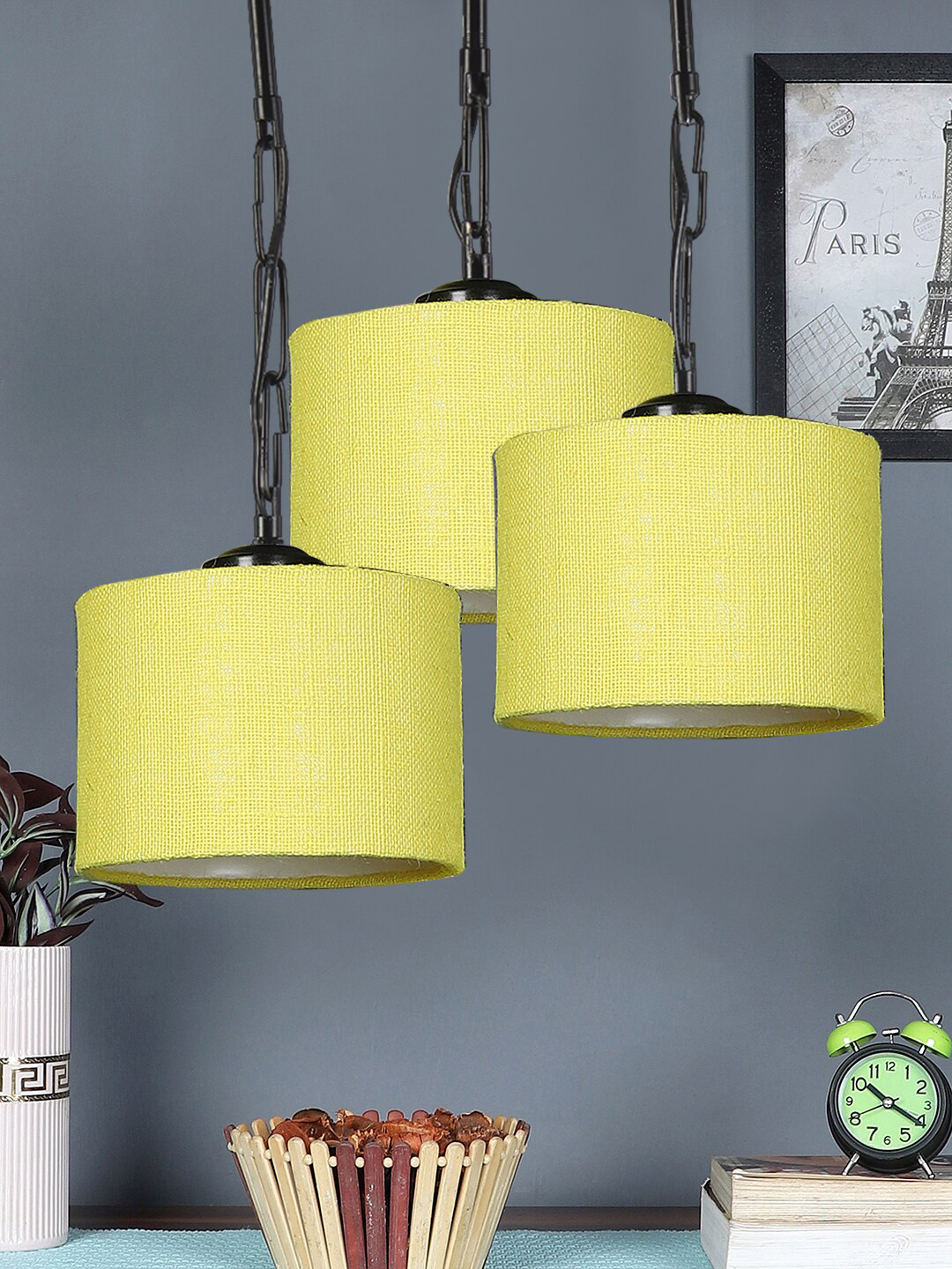 Devansh Set Of 3 Yellow Solid Jute Drum Hanging Ceiling Lamp