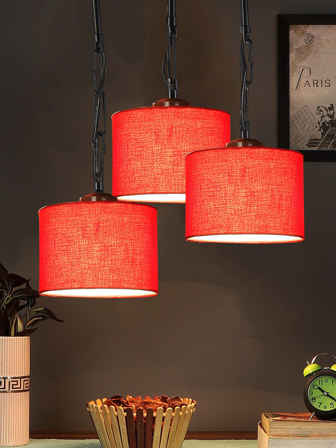 Devansh Red Round Drum Shaped Cluster Traditional Hanging Lamp