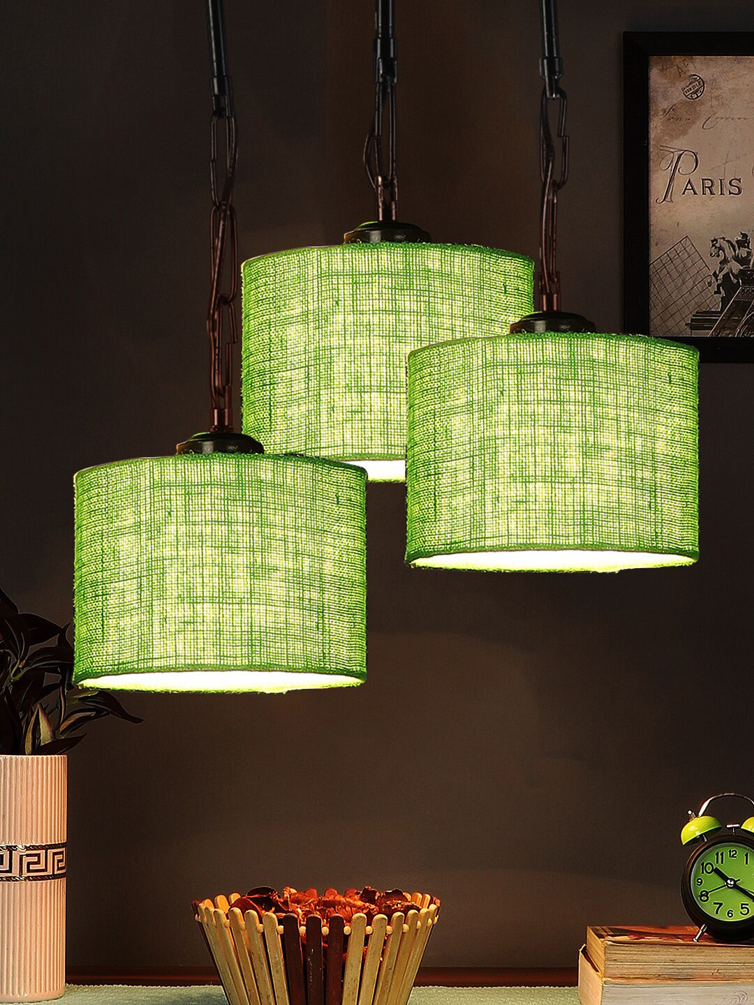 Devansh Set Of 3 Green Solid Jute Drum Hanging Ceiling Lamp