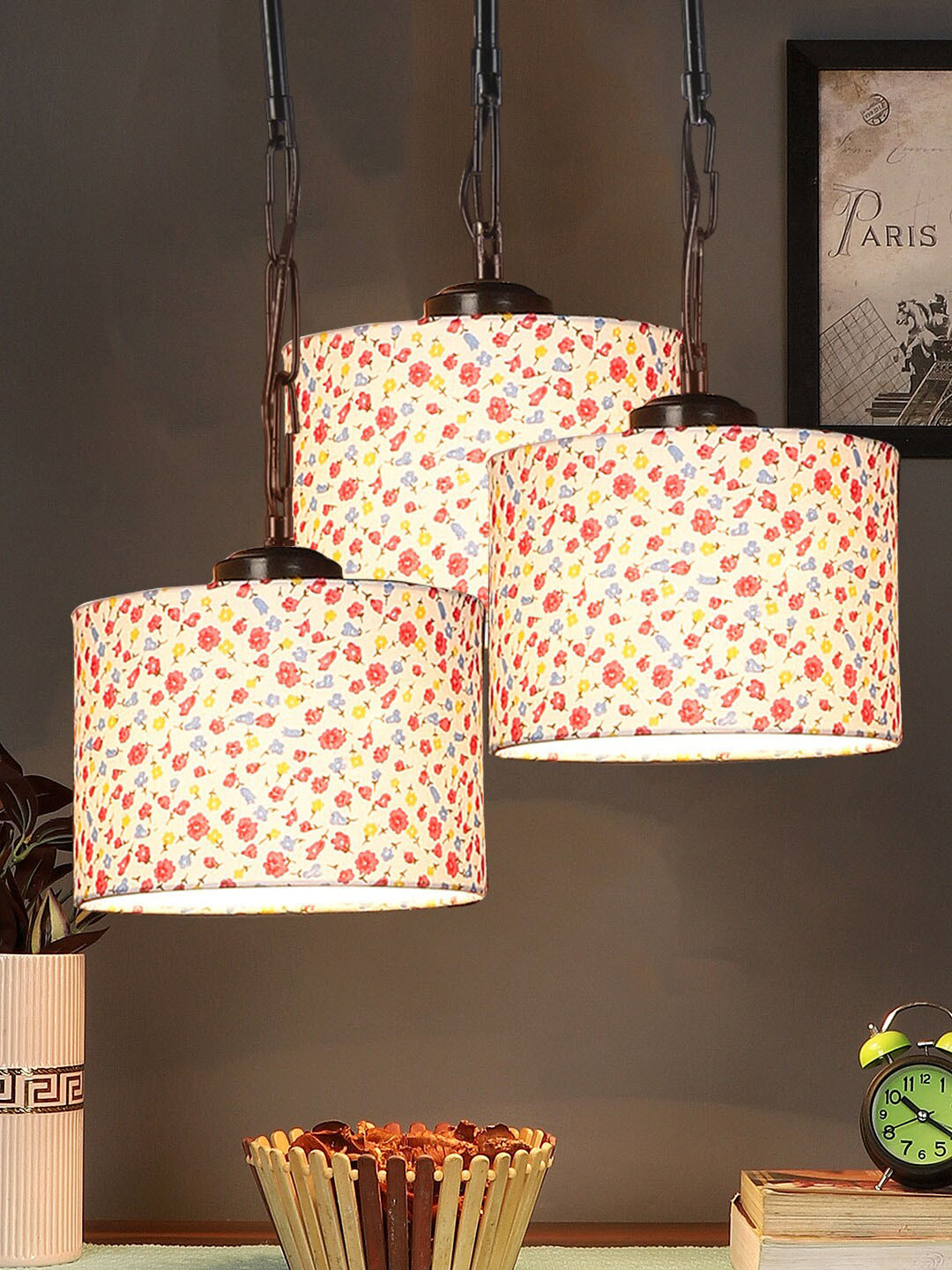 Devansh Multicoloured Printed Drum Cluster Hanging Lamp