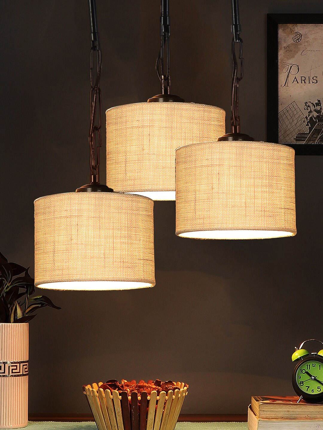 Devansh White Solid Jute Frustum Contemporary Hanging Ceiling Lamp